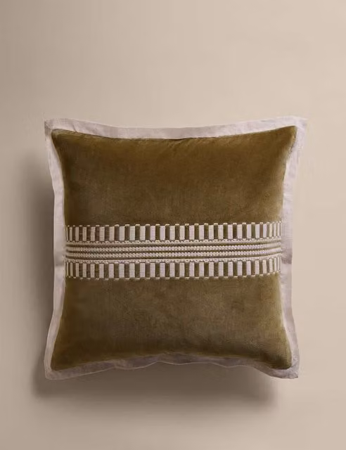 M&S Pure Cotton Velvet Floral Embroidery Panel Cushion in Moss Green