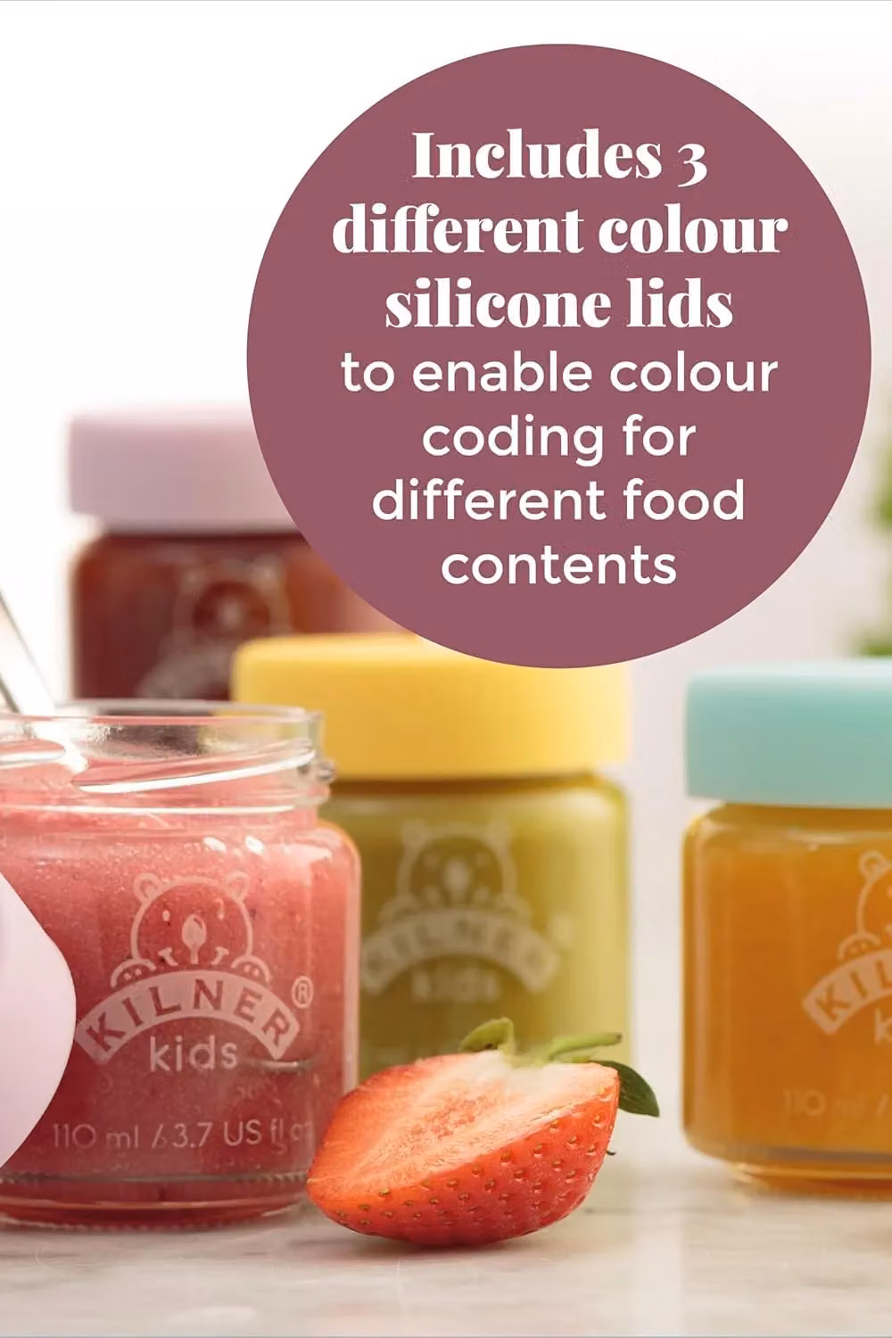 Kilner Set of 12 Kids Glass Jars with Silicone Lids, 110 ml, Transparent, Purple, Yellow and Turquoise – 2