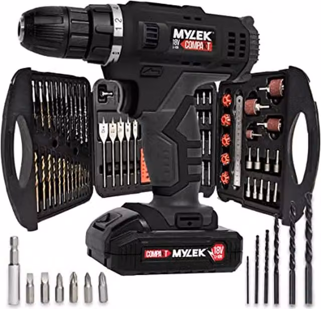 Mylek 18V Cordless Rechargeable Drill with 131 Piece Accessory Kit and Carry Case, Black