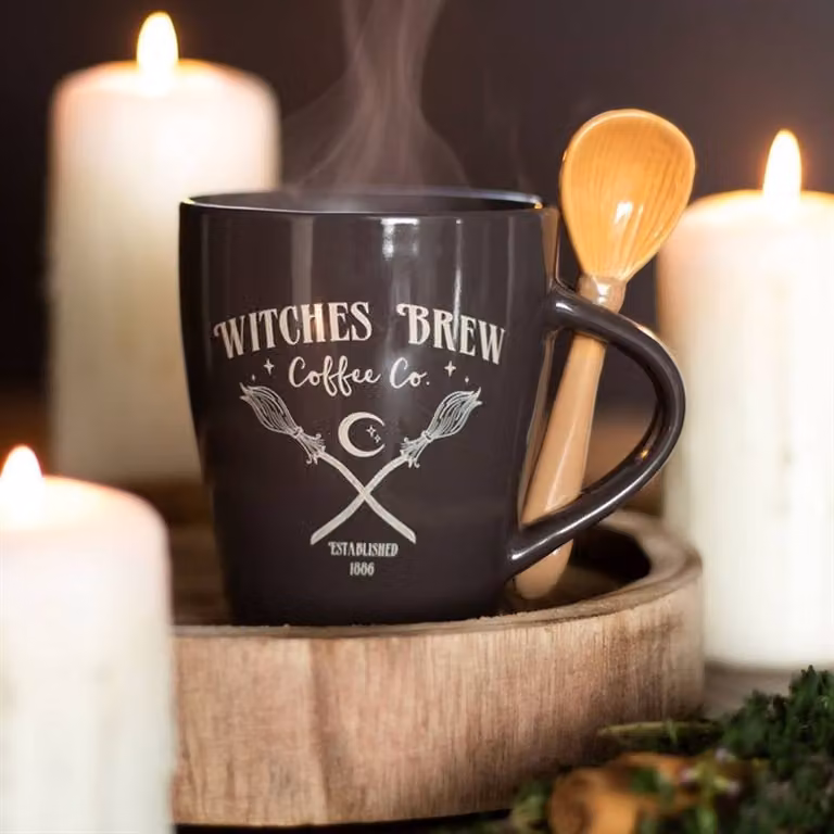 Uniqueful Witches Brew Coffee Mug and Spoon Set in Black, 550 ml