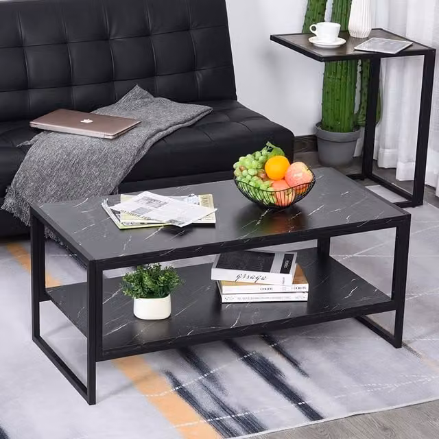 HOMCOM Modern Black Marble Print Coffee Table with Metal Frame