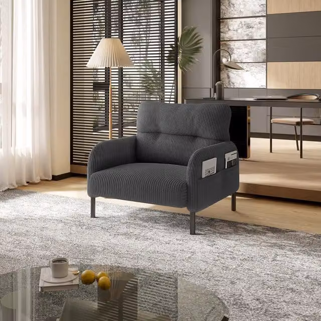 Aosom UK Grey Corduroy Single-Seater Armchair with High-Density Foam Cushion and Storage Pockets, W/D/H: 75 x 67 x 79 cm