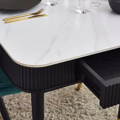 Julian Bowen Louis Rectangular Stone Top Dining Table with 2 Drawers in White, Black and Gold Ash Wood, W: 190 cm, D: 90 cm, H: 77 cm – 3