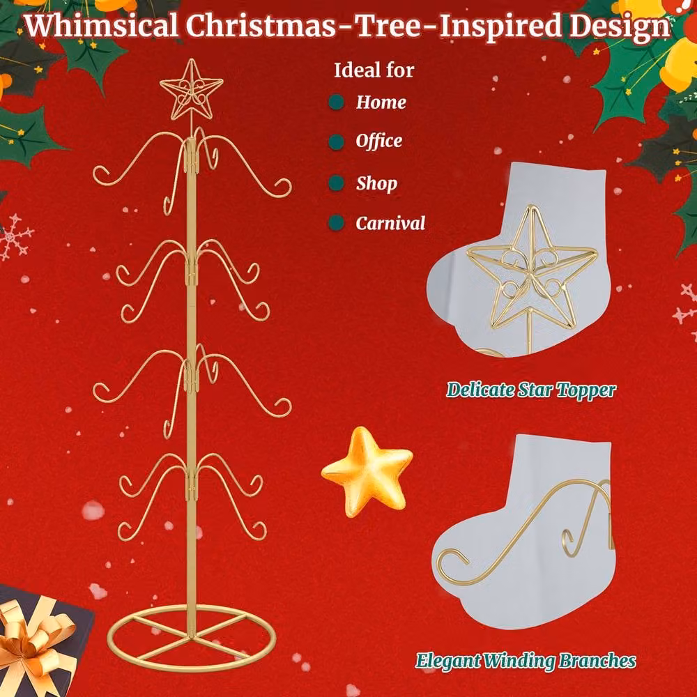 Gymax Gold Metal Christmas Stocking Holder Stand with Star Decoration and 16 Hanging Hooks, Height: 121 cm – 5