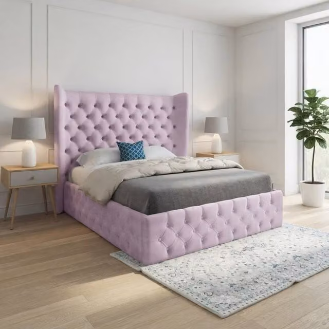 Casani Hutton Small Single Wide Winged Upholstered Bed Frame in Pink Soft Velvet
