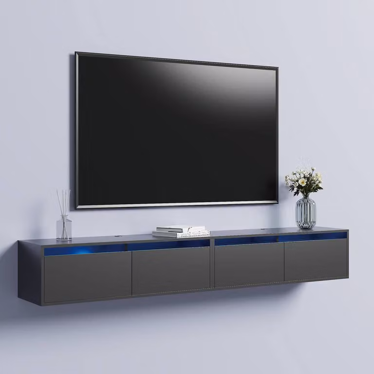 KEEPREAPER Set of 2 Black Floating TV Stands for 55-85 inch TVs with LED Lighting and Flip-Down Doors