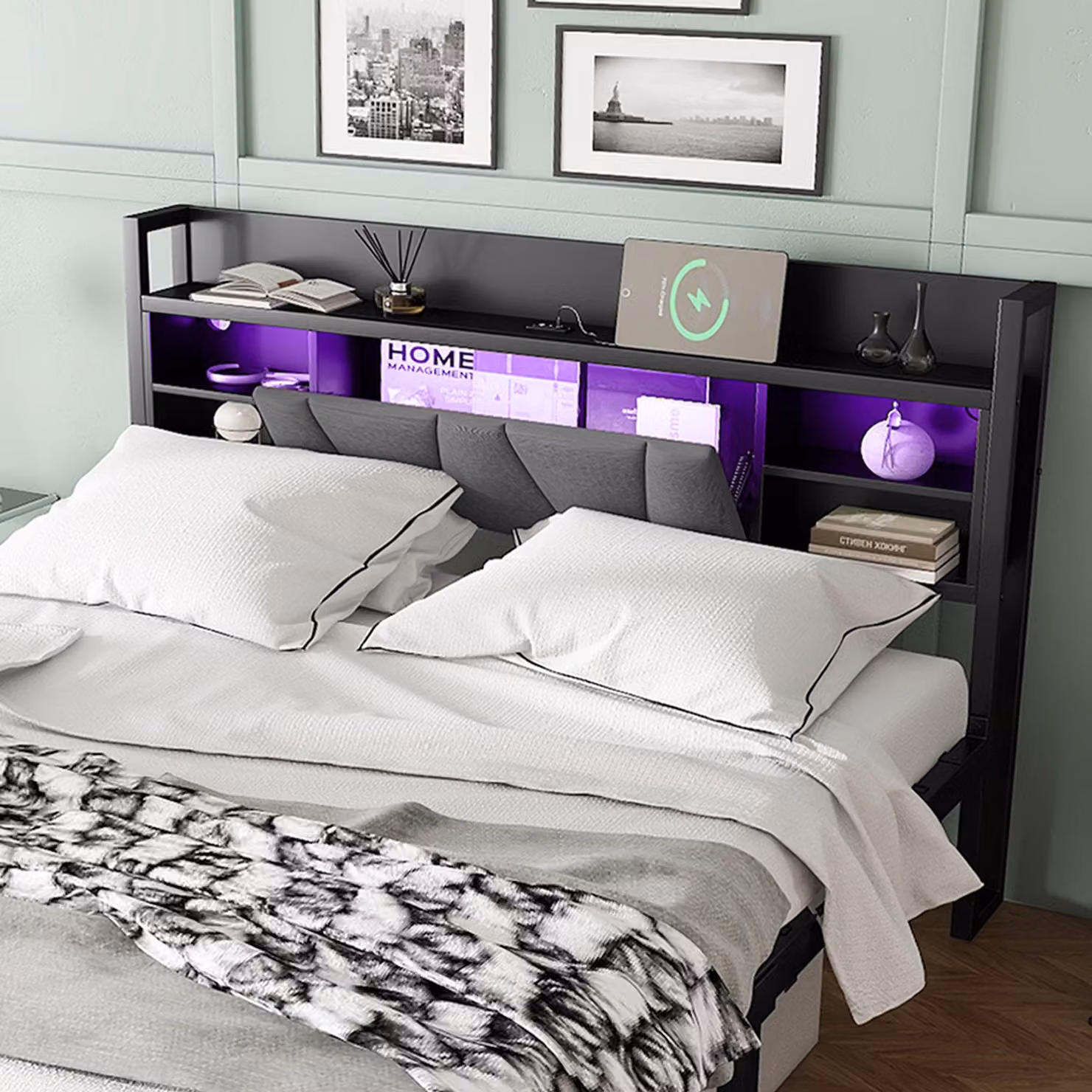 Aosom UK Black Metal Bed Frame with LED Strip Lights, USB Charging Ports and Padded Storage Drawers, W/D/H: 137.5 x 209 x 100 cm – 5