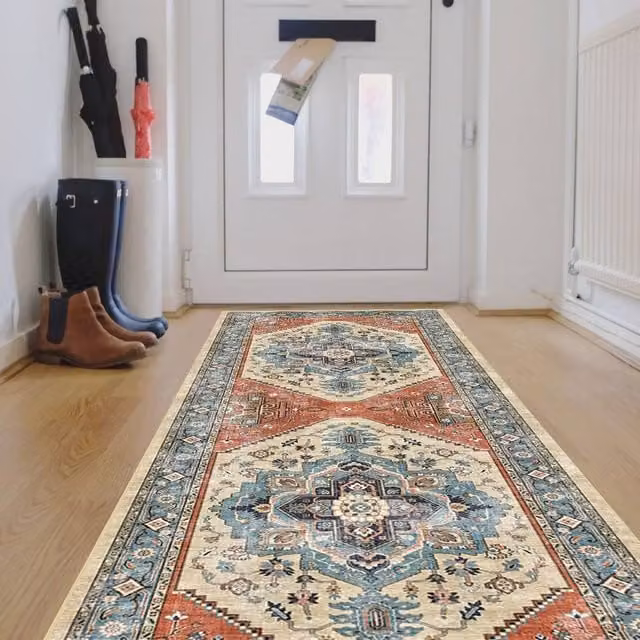 The Rug Shop UK Blue Bordered Geometric Traditional Stain-Resistant Polyester Rug, W: 60 cm, L: 180 cm