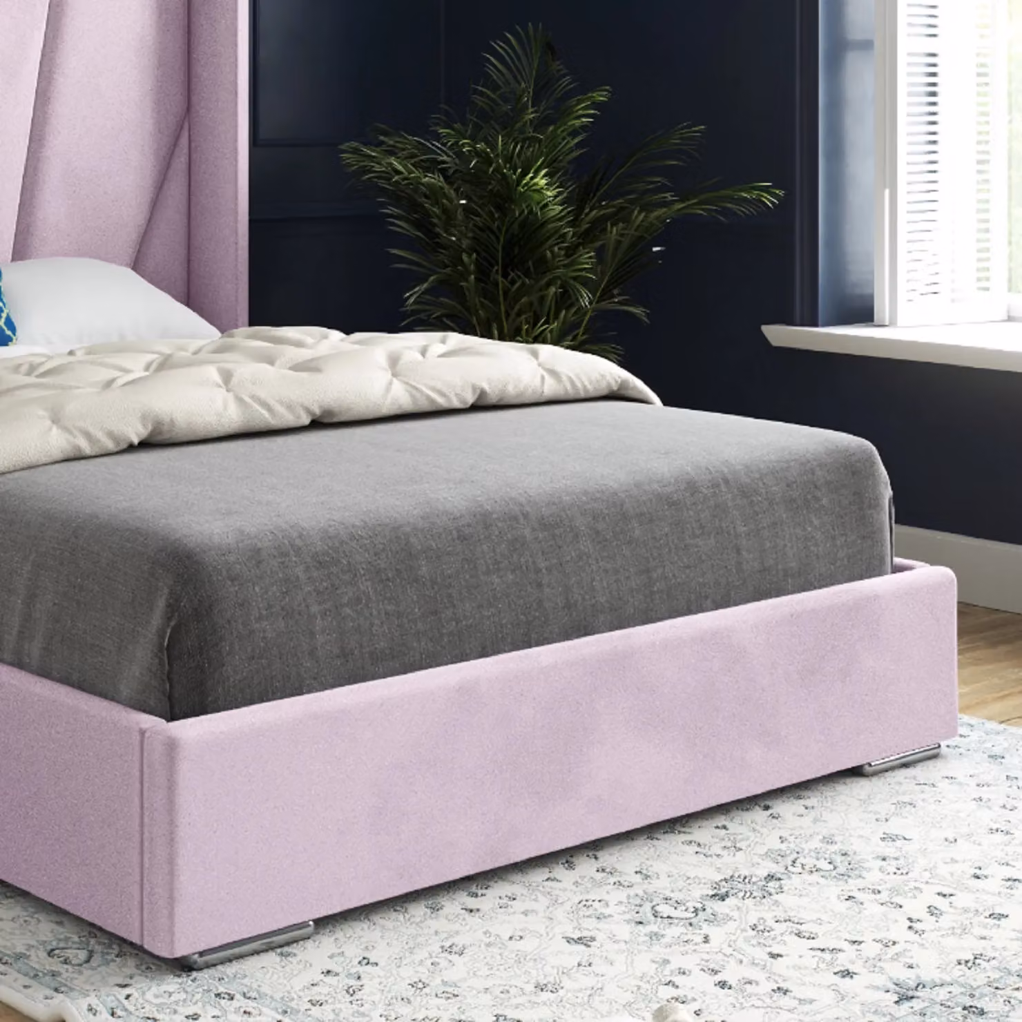 KDMD Bellini Double Bed Frame, Wide Curved Winged Upholstered Soft Pink Velvet, W/D/H: 144 x 137 x 200 cm – 3