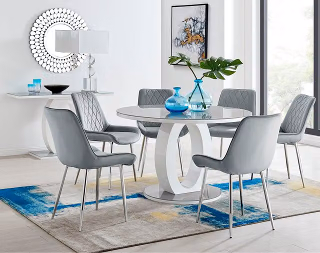 FurnitureboxUK Giovani Round Grey Glass Dining Table with 6 Pesaro Silver Leg Chairs