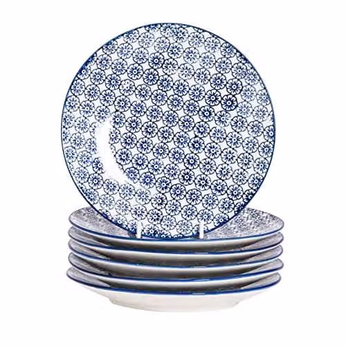 Nicola Spring Floral Hand-Printed Porcelain Side Plates, Pack of 6, Blue, White and Orange, Diameter: 18 cm – 1