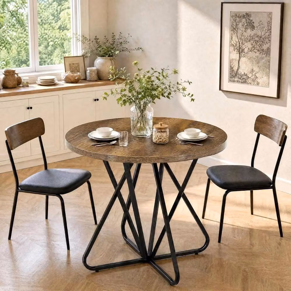 VOGREX Modern Round Dining Table in Brown, Diameter: 100 cm, Height: 75 cm – 3