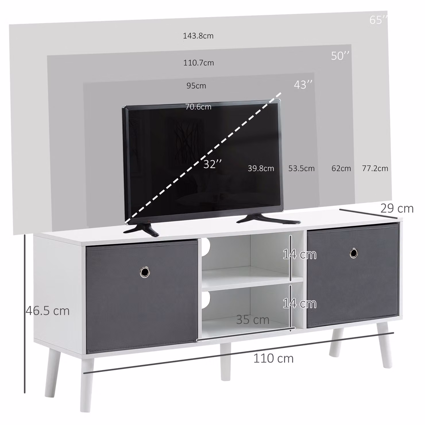 HOMCOM Modern TV Cabinet and Stand for TVs up to 50 Inches with Storage Compartments and Drawer, White and Grey – 3