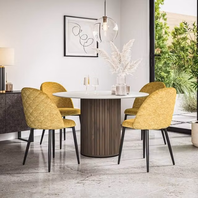 More4Homes Arlo White Marble Top Round Dining Table with Walnut Legs and 4 Raye Mustard Velvet Dining Chairs Set – 1
