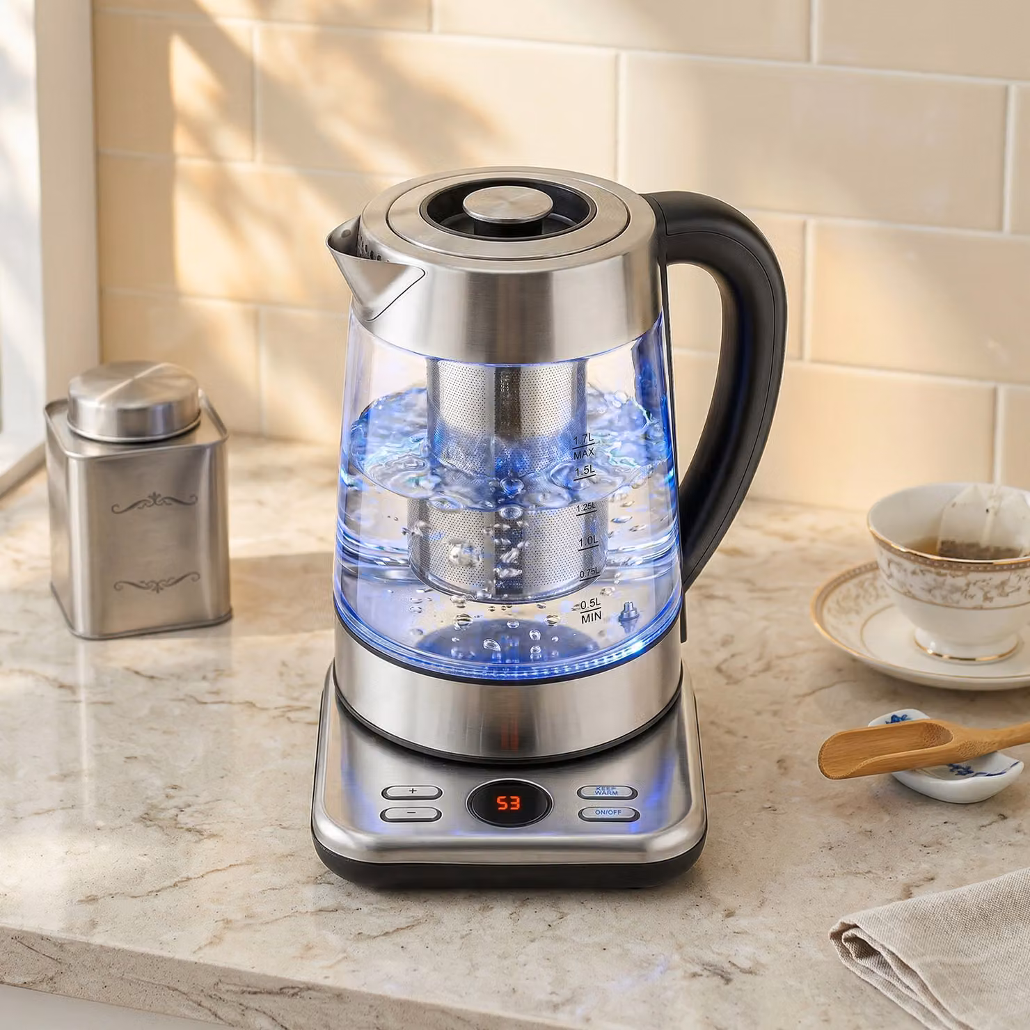 HOMCOM Transparent Glass and Stainless Steel Electric Tea Kettle with Sieve and Keep Warm Function, 1.7 l – 2
