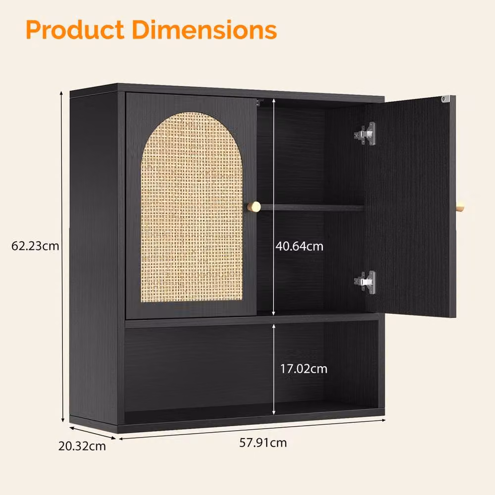 KORVIXA Black Bamboo Wall Mounted Bathroom Cabinet with Hinged Doors and Internal Shelves, W: 90 cm, H: 65 cm – 2