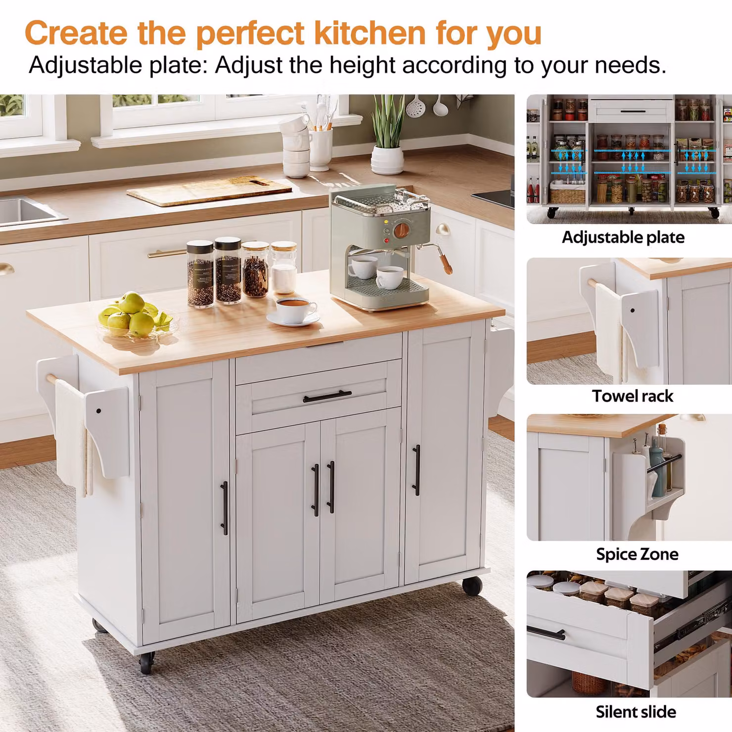 Aosom UK Modern Kitchen Trolley with Fold-Out Worktop and Double-Door Cabinets, White and Natural, W: 70 cm, D: 70 cm, H: 92 cm – 4
