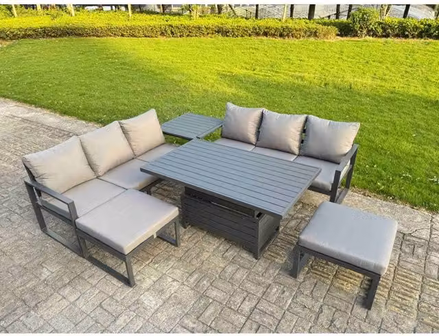 Fimous 6-Piece Powder Coated Aluminium Outdoor Sofa Set in Dark Grey with Upholstered Cushions, 3-Seater Sofa, 2-Seater Sofa, Ottoman and Coffee Table – 1