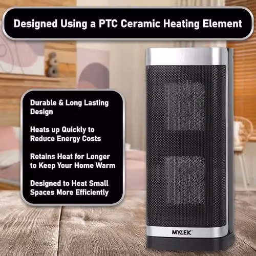 MYLEK 2000W Ceramic Fan Heater with Remote Control, Timer, Cold Mode and Tilt Protection, Silver and Black – 7