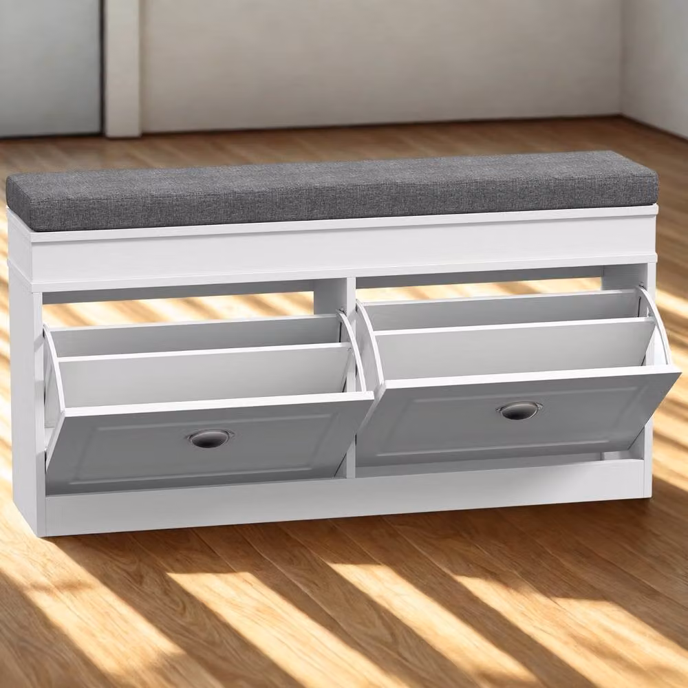 Pirlo Plush Modern Shoe Storage Bench with Cushioned Seat and Storage Drawers in White, W/D/H: 120 x 55 x 44 cm – 4