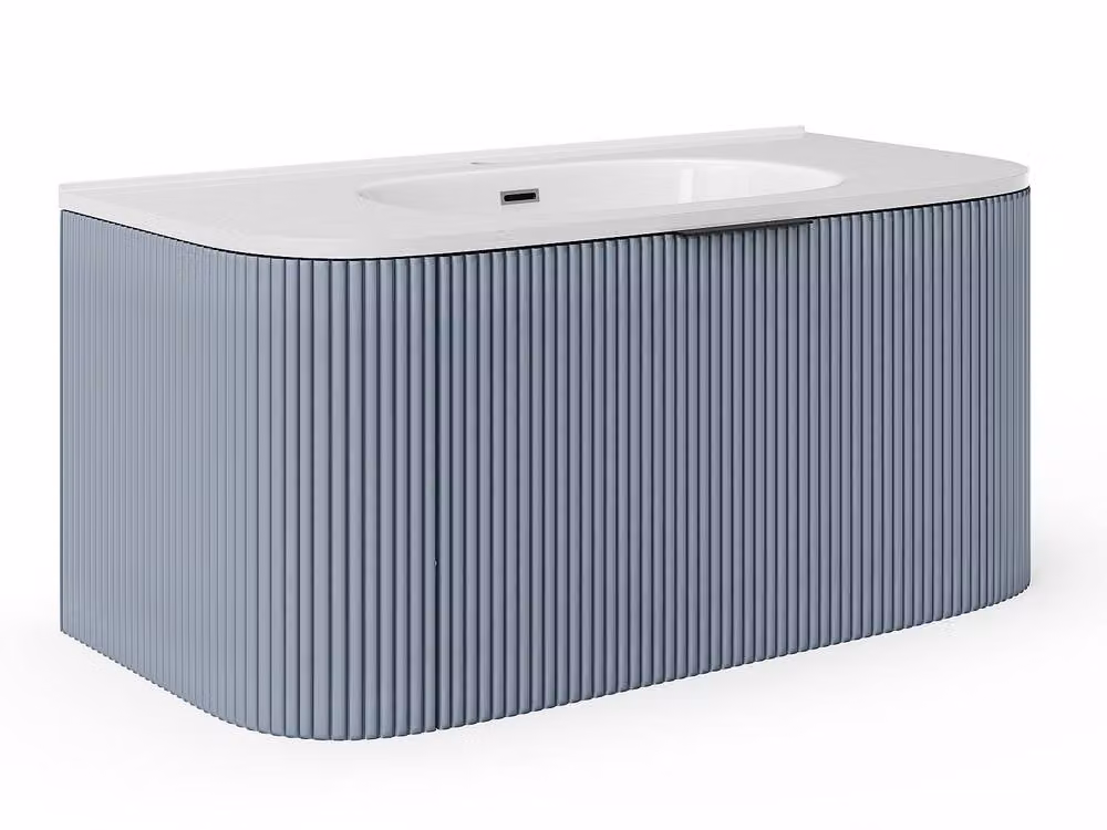 Vente-unique Matt Blue Fluted Wall-Hung Bathroom Unit with Inset Basin, Width: 100 cm – 2