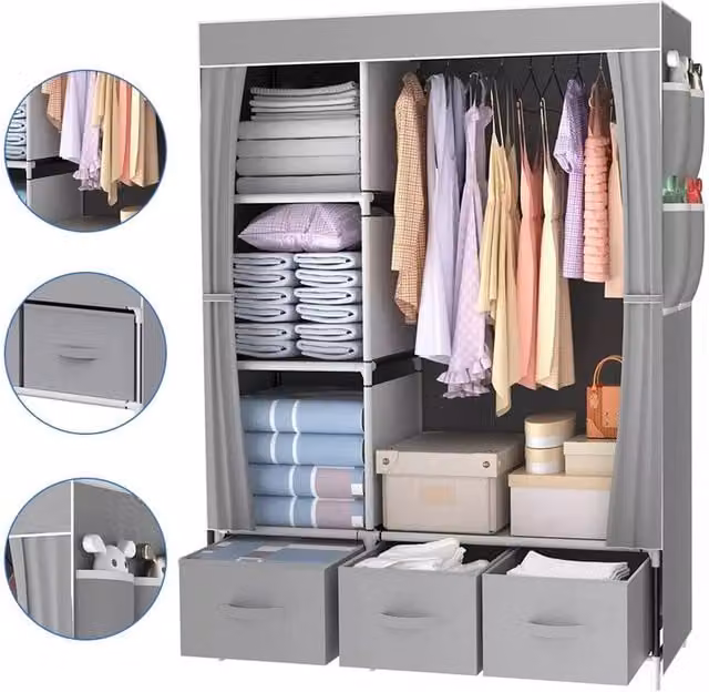 SPETLEK Fabric Canvas Storage Closet with Hanging Rail, Grey, H 163.0 cm x W 105.0 cm