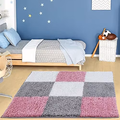 THE RUGS Modern Checked High Pile Shaggy Square Area Rug, Pink and Grey, W/D/H: 120 x 120 x 1 cm