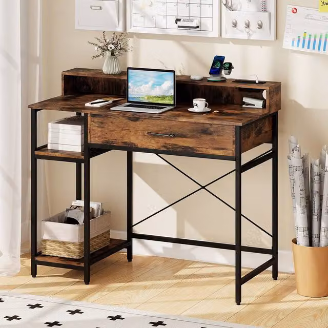 Costway Modern Wooden Computer Desk with Shelf in Brown – 1