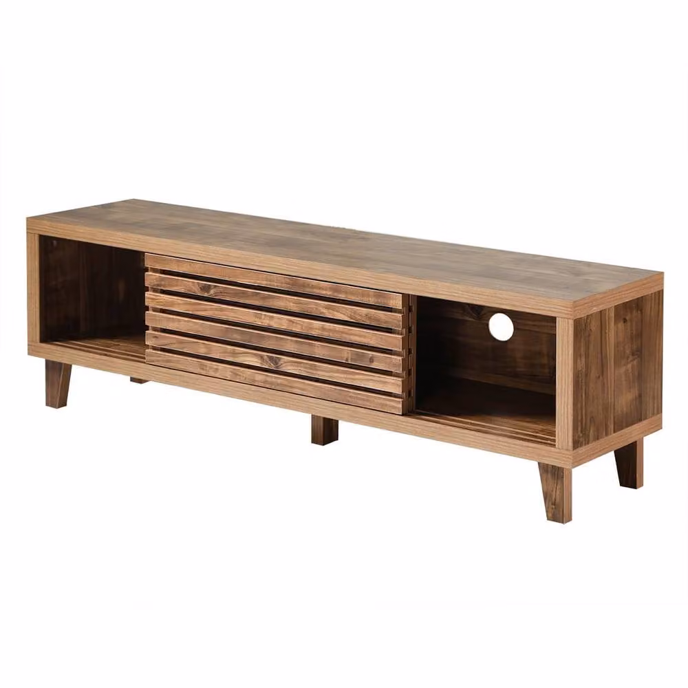 CALICOSY LIAM TV Stand with 2 Sliding Doors and Openwork Slats, Dark Brown, W: 140 cm, D: 35 cm, H: 45 cm – 5
