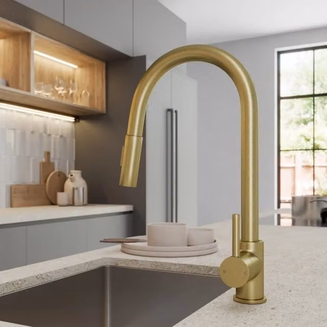 Moritza Brushed Brass Pull Out Kitchen Mixer Tap with Dual Spray Swivel Spout and Single Lever Control