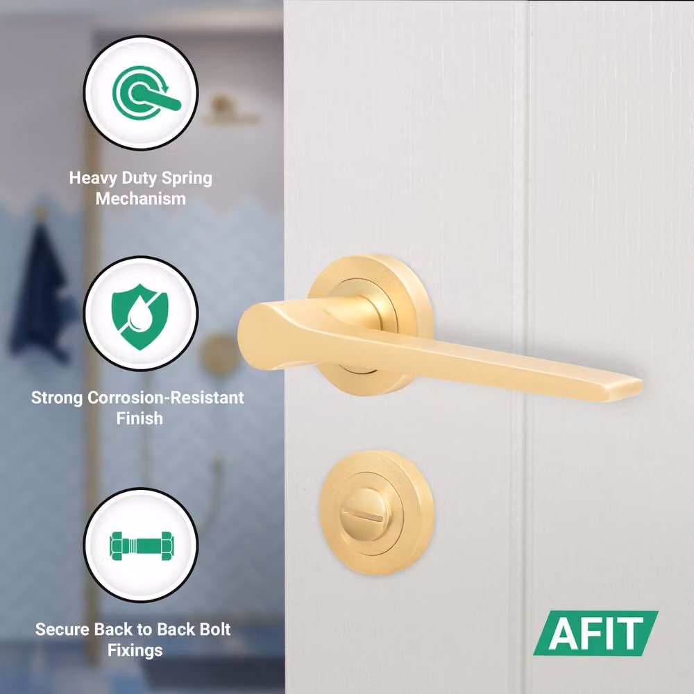 AFIT Satin Brass Bathroom Door Handle Set with Lock and Hinges in Gold – 2
