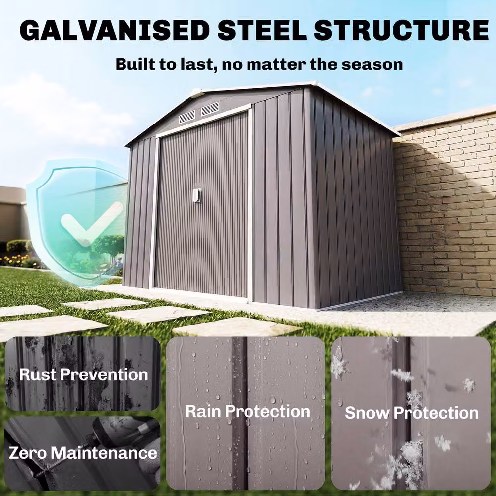 STILVORA Grey Galvanised Steel Pent Garden Storage Shed with Sliding Doors, H 213 cm x W 130 cm x D 119 cm – 5