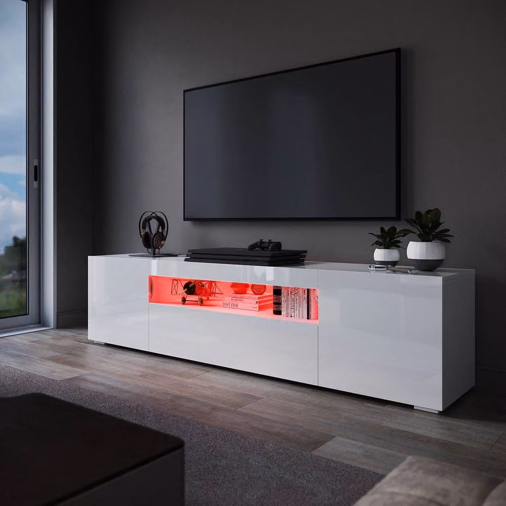 FORGEVIO Modern High Gloss White Wood TV Stand Cabinet with Integrated Lighting, W/D/H: 200 x 49 x 40 cm – 3