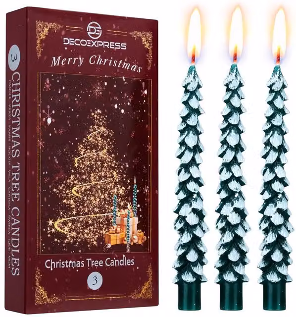 Deco Express Christmas Tree Dinner Candle Set in Green and White – 7