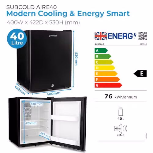 Subcold Aire40 Mini Fridge with 40L Capacity, Frost-Free Technology and LED Interior Light in Black or White – 4