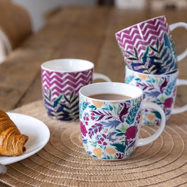KitchenCraft Set of 4 Exotic Floral Chevron Ceramic Mugs in Multicolour and Green