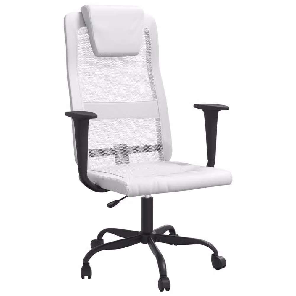Berkfield Modern White Mesh Fabric and Faux Leather Height Adjustable Home Office Task Chair with Headrest and Armrests – 2