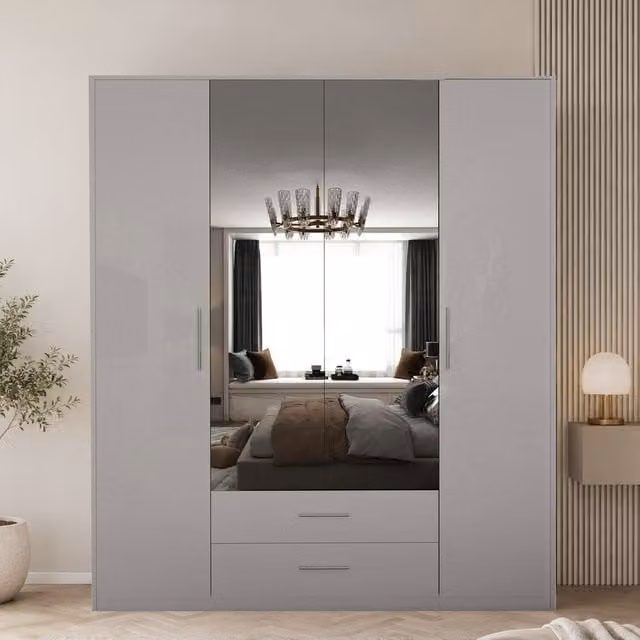 Swindon Gloss White and Matt White 4 Door Wardrobe with Mirror and 2 Drawers