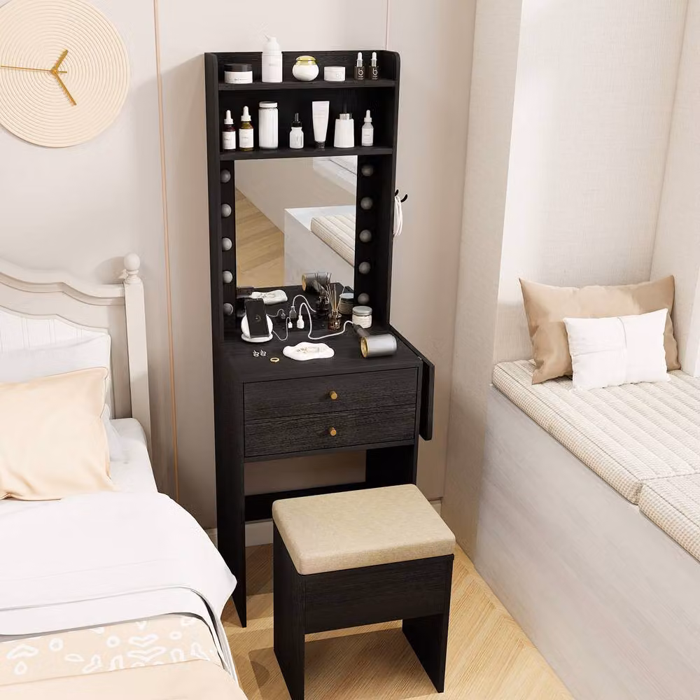 Gymax Small Makeup Vanity Desk and Dressing Table Set with Hollywood LED Lights and Storage Stool in Black – 4