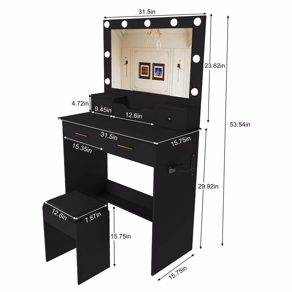 Direct Wicker Hollywood Makeup Vanity with 9-Bulb LED Mirror and Stool in Black – 2