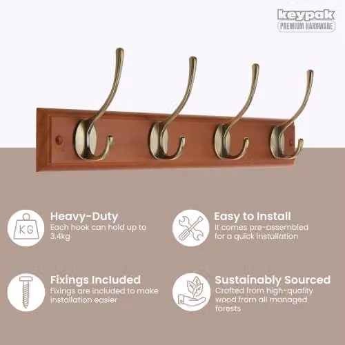 Keypak Oak Effect Wall Mounted Coat Rack with 4 Antique Brass Double Hooks, Brown and Gold – 2