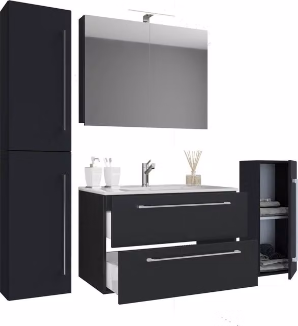 VCM Badinos SC 5-piece Matt Black Bathroom Furniture Set including Vanity Unit, Mirror Cabinet, Tall Cabinet and Side Cabinet – 1