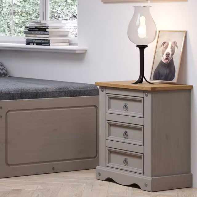 Core Products Corona 3-Drawer Bedside Cabinet in Grey and Waxed Pine – 2