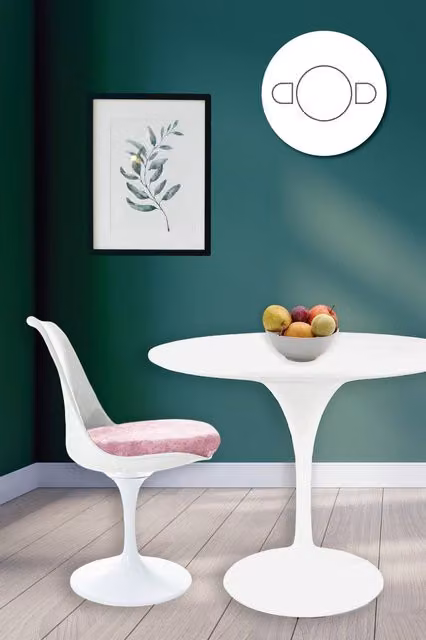 Fusion Living Tulip Dining Set with White Round Table and Two Pink Chairs