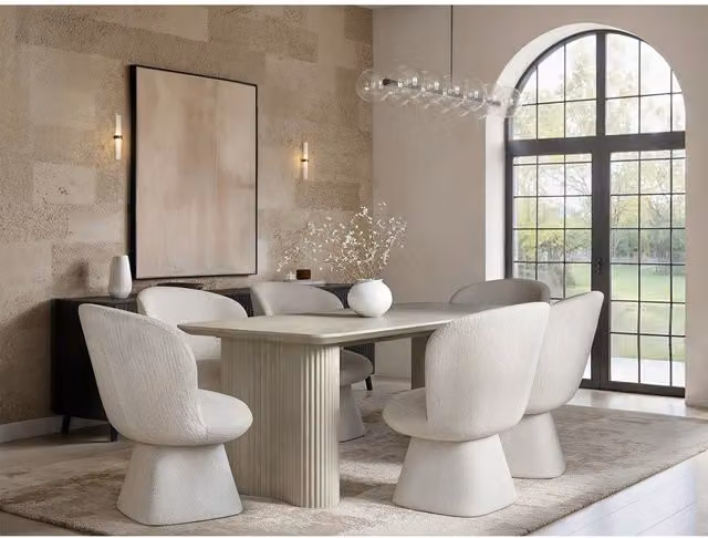Solace+Co Zoya Rectangular Sintered Stone Dining Table and 6 Aiko Chairs Set in Beige and Brown