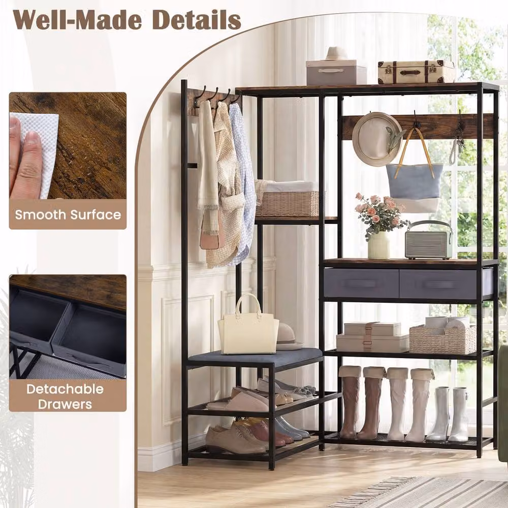 Gymax L-Shaped Corner Coat Rack with Shoe Bench and Hall Tree in Brown – 5