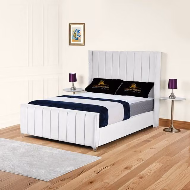 UK Bed Furniture Empire Winged Slatted Base Upholstered Bed in White, W/D/H: 140 x 200 cm