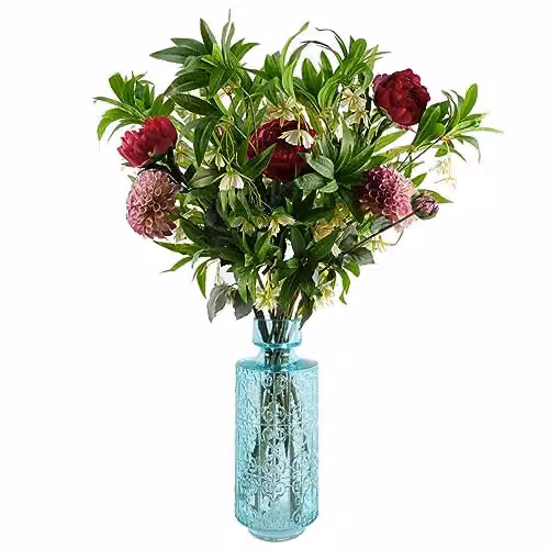 Leaf Design Multicolour Floral Artificial Flower Display with Glass Vase