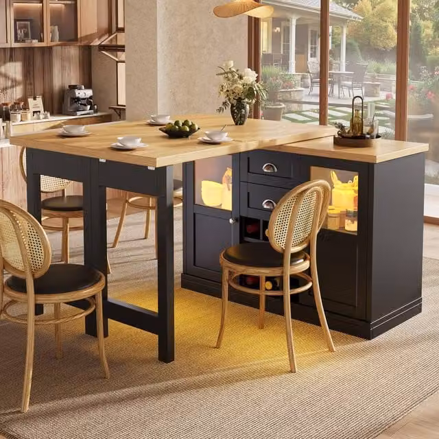 Merax Extendable Kitchen Island with Swivel Breakfast Bar and Wine Storage in Black, W: 120 cm, H: 73.5 cm