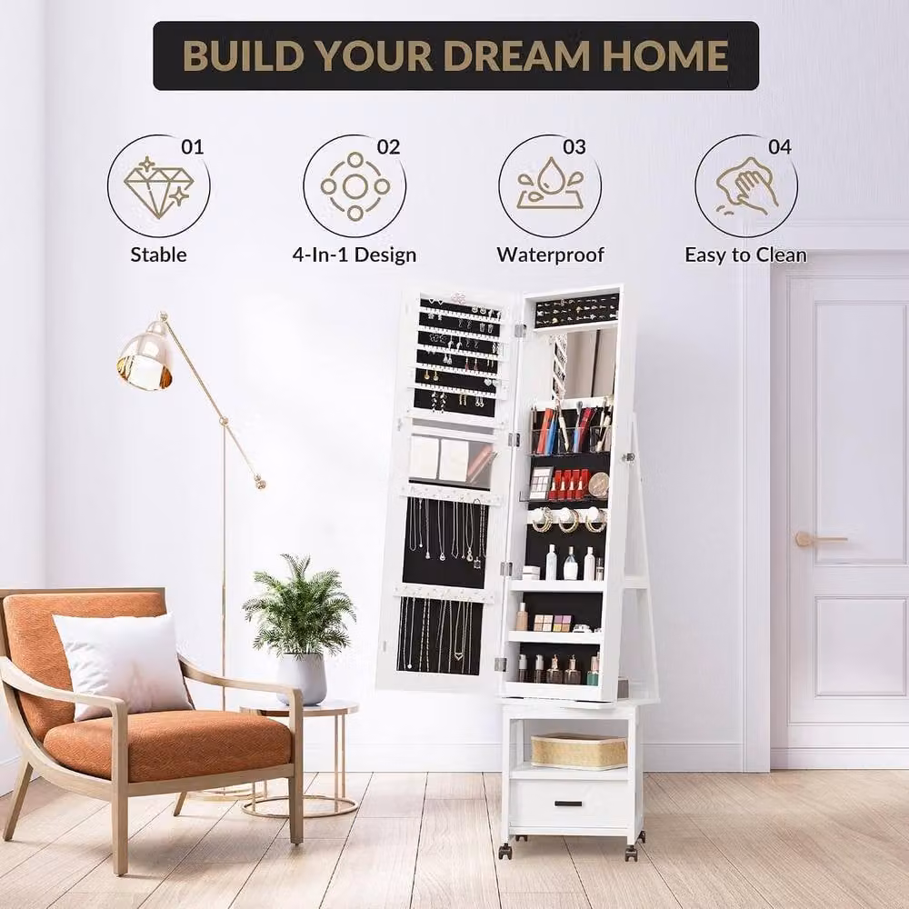 London Boutique 360 Swivel Jewelry Armoire Cabinet with Lockable Full-Length Mirror in White – 4